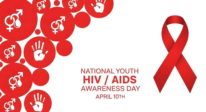 National Youth HIV AIDS Awareness Day April 10th Poster with Red Ribbon and Health Icons