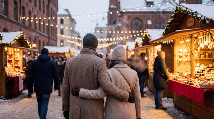 Naklejka premium Senior couple enjoying a romantic walk through a festive European Christmas market at night.