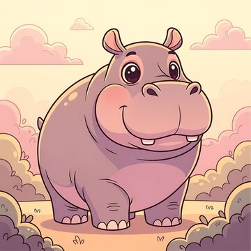 Cartoon Hippopotamus Standing in Cloudy Landscape.