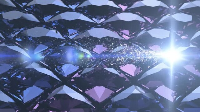 Close-up view of a sparkling crystal or glass surface with lens flares and reflections in shades of blue and purple.
