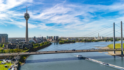 Dusseldorf city skyline aerial drone view from above, Medienhafen, bridge and river Rhine, Germany 