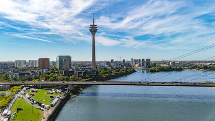 Obraz premium Dusseldorf city skyline aerial drone view from above, Medienhafen, bridge and river Rhine, Germany 