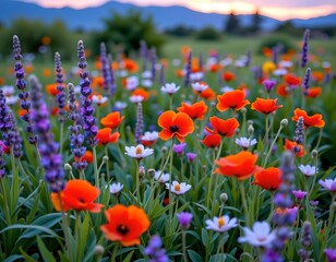 Meadow Dusk with Wildflowers and Sunset Sky