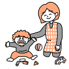 泣いている男の子を慰める保育士のイラスト