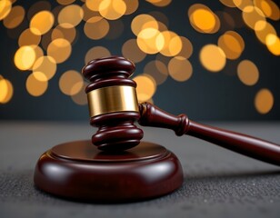 Polished Wooden Gavel Textured Surface with Golden Bokeh Lights