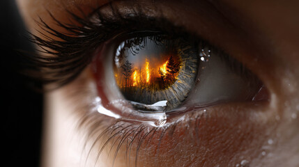 Naklejka premium Eye Reflecting Burning Forest Flames in a Human Eye Close-Up