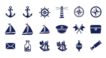 Nautical themed collection of navy blue maritime symbols and icons for design. © Salsa