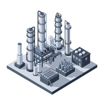 Isometric Industrial Factory Model with Pipes and Tanks.