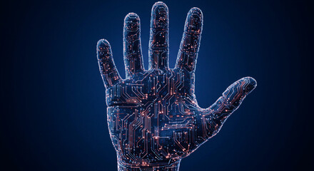 Naklejka premium Human hand with integrated circuit board patterns glowing in blue and orange. Futuristic cybernetic limb design symbolizing technology fusion with biology. Digital innovation in human machine