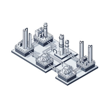 Isometric Industrial Facility with Towers and Chimneys.