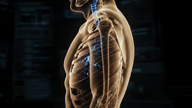 Anatomy of Human Respiratory System Showing Lungs and Trachea with Blue Particles