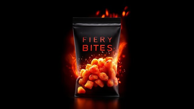 Eine rot-orange leuchtende Knabbert&uuml;te mit brennenden Flammen und Feuereffekten. Das dramatische Design mit intensiven Feuervisualisierungen symbolisiert extreme Sch&auml;rfe und intensive W&uuml;rzigkeit