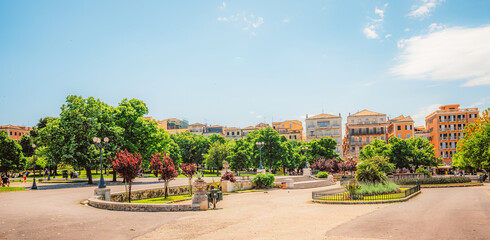 Obraz premium Corfu, Greece. Panoramic view on historic buildings and Old Town as seen from old Venetian fortress in cofru city