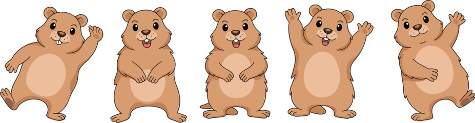 Groundhog cartoon illustrations, expressive poses, waving gesture, smiling tongue out, joyful character, upright animal, cute design, wildlife icon, storytelling, animation, vector art © Rima Khatun