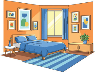 Illustrated modern bedroom interior with vibrant orange walls and contrasting blue decor.