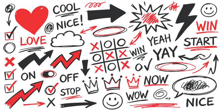 Hand drawn doodle collection with urban graffiti sketches hearts stars arrows and creative words vector illustration art background