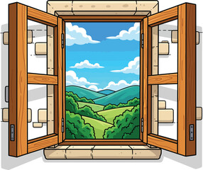 Open rustic wooden window in a stone wall framing a cartoon view of green rolling hills and a blue sky.