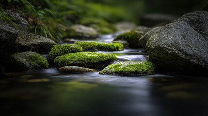 Naklejka premium Serene Stream Flowing Over Moss-Covered Stones in a Tranquil Forest Setting