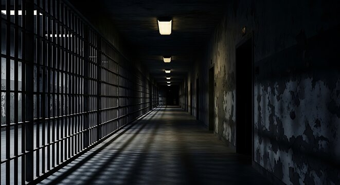 Dark and eerie prison corridor with cell bars and peeling walls. Long hallway of a jail offering a sense of confinement and desolation. Criminal justice concept.