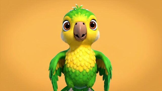 A vibrant green parrot with a yellow chest stands, looking directly at the viewer in a digital illustration on an orange background