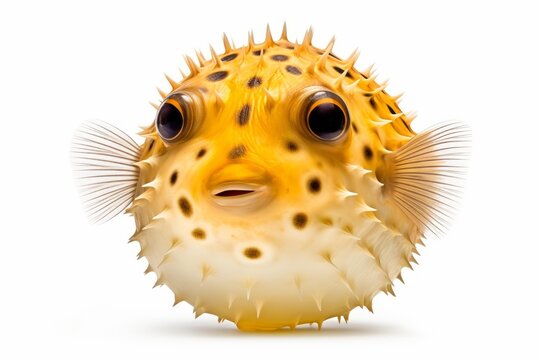 Round yellow pufferfish with big eyes, inflated body, and spiky texture