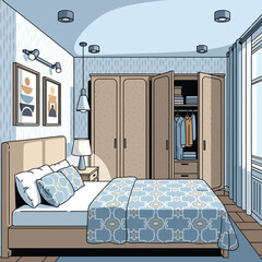 Stylish modern bedroom interior illustration with a large wooden wardrobe patterned quilt and contemporary lighting.
