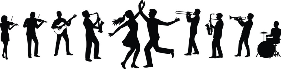 Music performance silhouettes, live band, violin player, guitar icon, saxophone musician, trumpet design, trombone illustration, drummer, dancing couple, entertainment, celebration, vector art