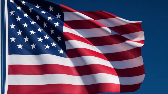 American flag waving in breeze, showcasing patriotism and national pride on a clear blue sky background