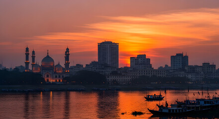 Naklejka premium Beautiful mosque with illuminated domes and minarets situated along a busy riverfront with traditional boats at dusk