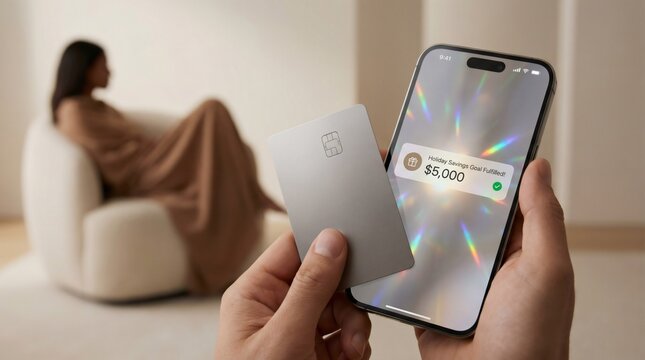 Close up of hands holding smartphone with holiday savings goal fulfilled notification and credit card