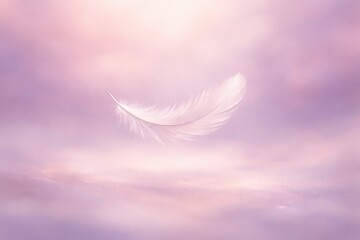 Naklejka premium A single white feather floats gently in a soft, dreamy pastel pink and purple sky