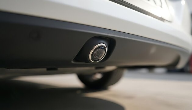 Modern vehicle backup camera mounted on the rear bumper of a white car for parking assistance and safety technology