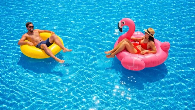 Young couple relaxing on inflatable pool floats in clear blue water, summer vacation leisure and resort lifestyle.
