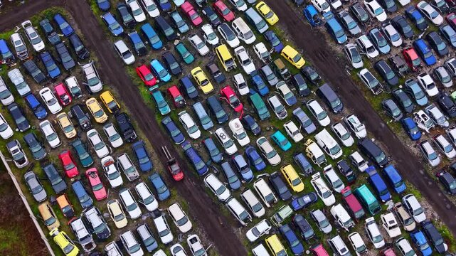Many cars are parked closely together in rows at a salvage yard. The scene shows a variety of colors and sizes under bright sunlight during the day.