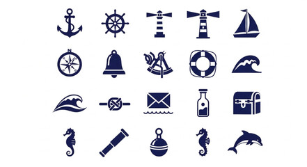 Collection of nautical icons representing various maritime elements and symbols. © Ceng