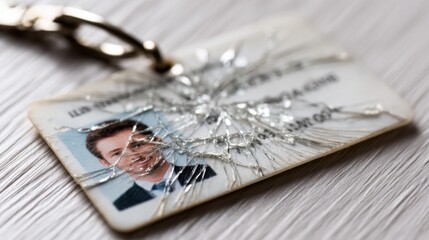 Broken ID card lying on a textured surface, possibly suggesting issues with identification, security, or identity