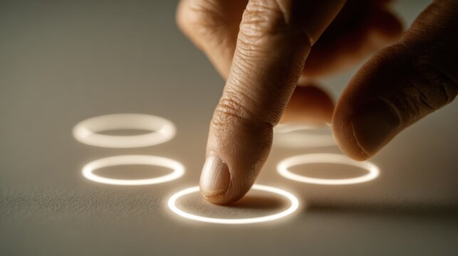Human finger touching the glowing circle on surface, representing choice or interaction. The image highlights the concept of making a selection.