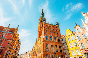 Gdansk with Motlawa river in Poland. Old town colourful house with saint Marys church i main square.