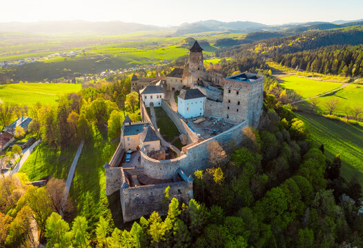 Slovakia landscape and panoramic sunny day view of Tatras mountain and Stara Lubovna castle