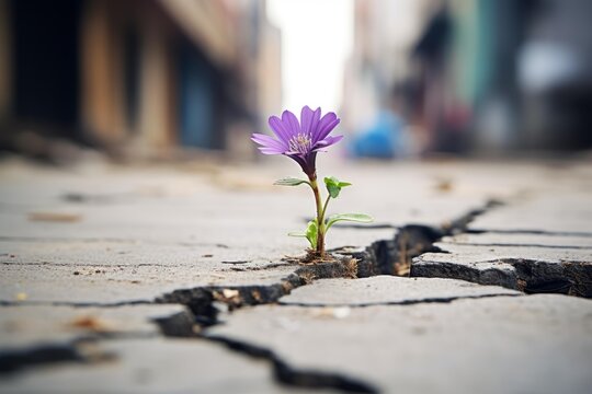 Purple flower pushing through cracked urban asphalt, symbolizing resilience and overcoming adversity
