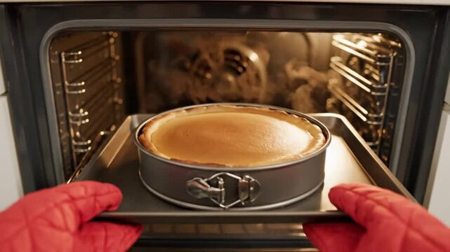 Hands in red gloves removing a round cake from an oven, viewed from the front, showcasing a perfectly baked dessert in a metal pan.