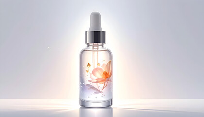 Naklejka premium Glass serum bottle with dropper containing flower extract for skin care and beauty treatment; cosmetic product on bright abstract background