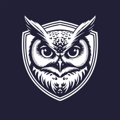 Pure black and white vector illustration of front-facing owl head inside shield emblem 3