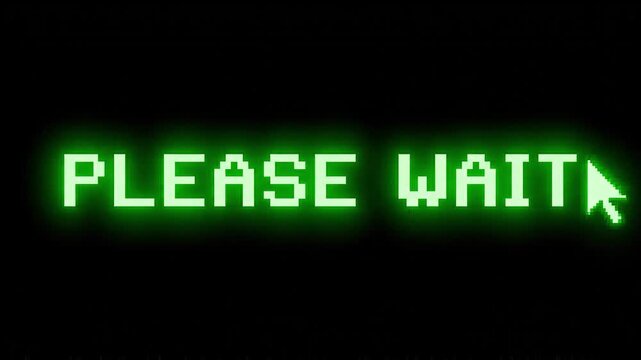A digital display shows 'PLEASE WAIT' with a cursor icon, indicating a processing or loading screen in a technological environment from a straightforward viewpoint.