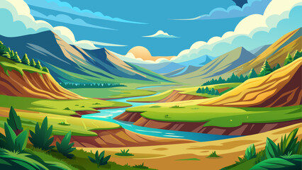 Obraz premium A large open natural valley with smooth ground surface surrounded by distant hills clear sky enhances peaceful and minimal environment clean vector illustration flat design uncluttered composition