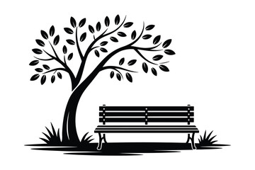 Tree silhouette with a bench in a park landscape illustration