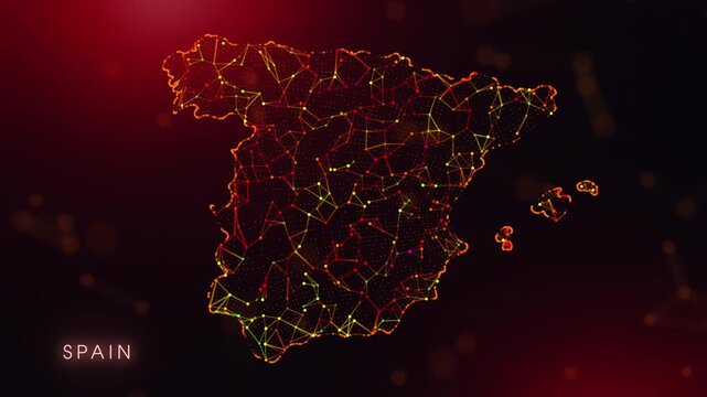 A dynamic motion video showcasing the Spain country border through a colorful plexus reveal. Glowing red and orange dots represent high-tech data communication and global digital networks.