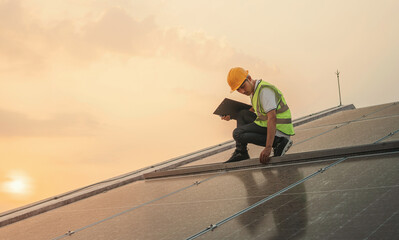 man in a yellow vest is looking at a laptop while standing on a roof