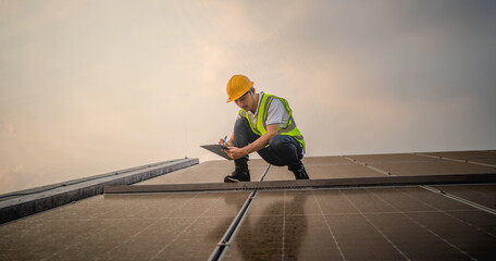man in a yellow hard hat is writing on a clipboard while kneeling on a roof