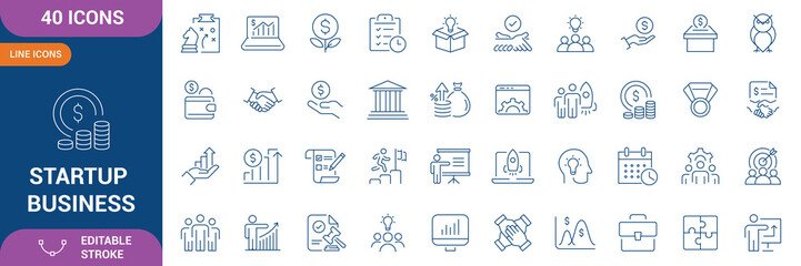 Fototapeta premium Startup Business Icon Set. startup business, innovation, investment, funding, business plan, strategy, growth, leadership, marketing, finance, profit, management. Editable stroke. Vector illustration